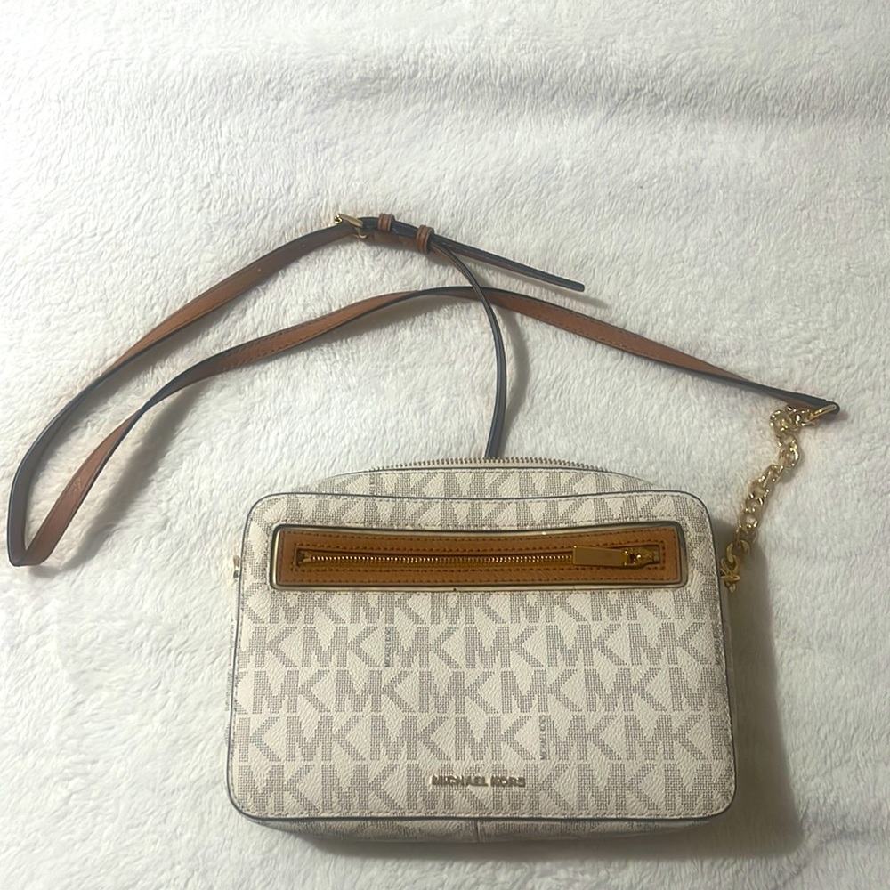 Michael Kors purse. White/cream with brown and gold accents.